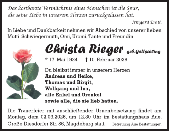 Traueranzeige von Christa Rieger von Volksstimme Magdeburg