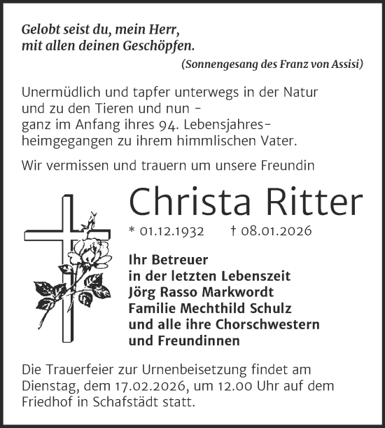 Traueranzeige von Christa Ritter von Trauerkombi Merseburg