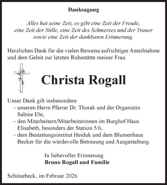 Traueranzeige von Christa Rogall von Volksstimme Schönebeck