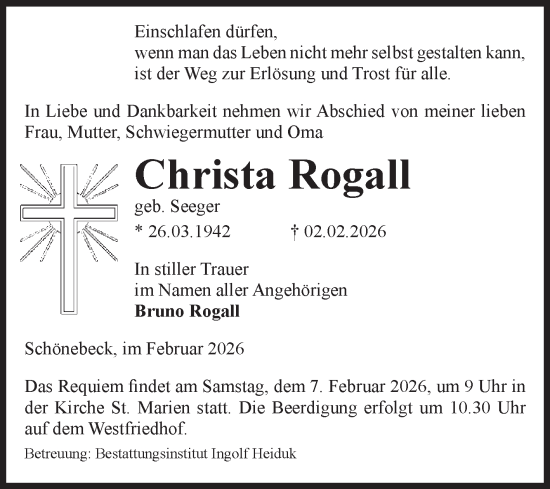Traueranzeige von Christa Rogall von Volksstimme Schönebeck