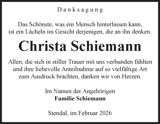 Traueranzeige von Christa Schiemann von Volksstimme Altmark Ost