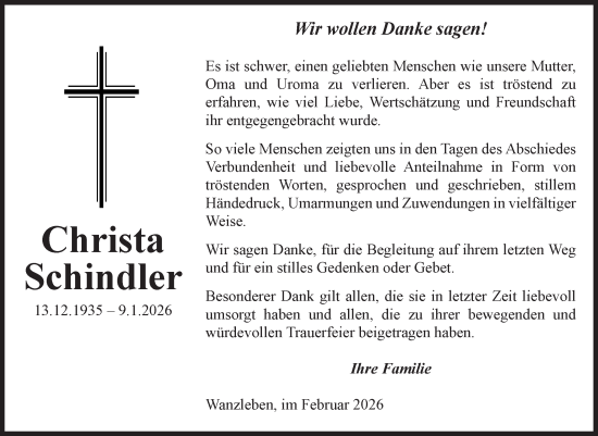 Traueranzeige von Christa Schindler von Volksstimme Oschersleben/Wanzleben