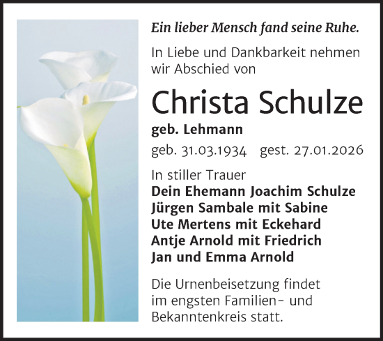 Traueranzeige von Christa Schulze von Trauerkombi Bitterfeld