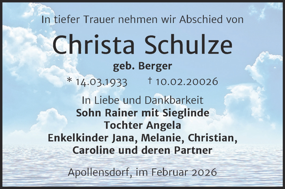  Traueranzeige für Christa Schulze vom 14.02.2026 aus Trauerkombi Wittenberg