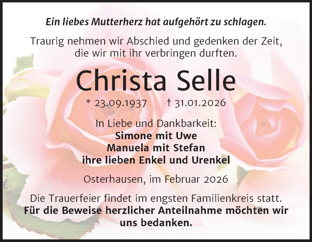  Traueranzeige für Christa Selle vom 14.02.2026 aus Trauerkombi Mansfelder Land