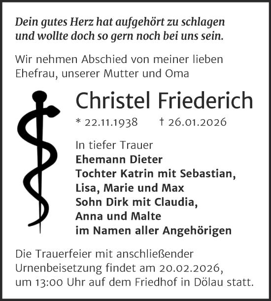 Traueranzeige von Christel Friederich von Mitteldeutsche Zeitung Halle/Saalkreis