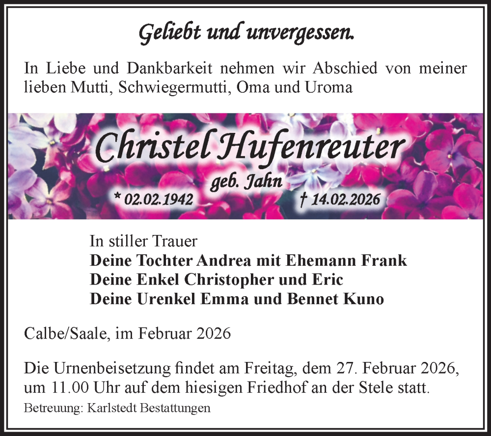  Traueranzeige für Christel Hufenreuter vom 21.02.2026 aus Volksstimme Schönebeck