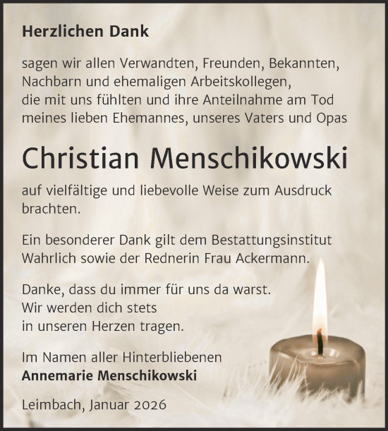 Traueranzeige von Christian Menschikowski von Trauerkombi Mansfelder Land