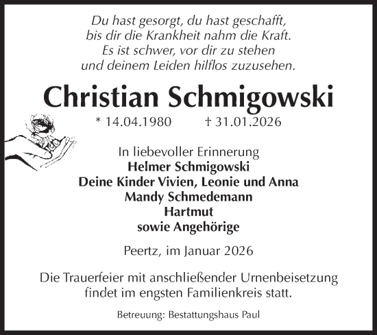 Traueranzeige von Christian Schmigowski von Volksstimme Altmark West
