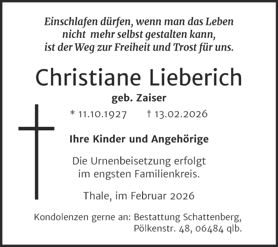 Traueranzeige von Christiane Lieberich von Trauerkombi Quedlinburg