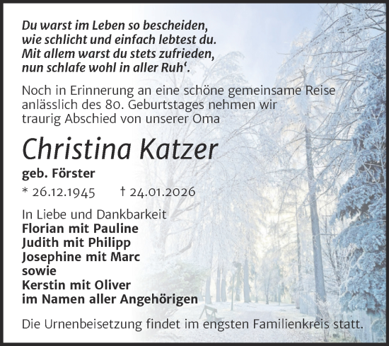 Traueranzeige von Christina Katzer von Trauerkombi Weißenfels