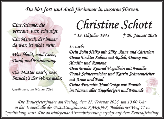 Traueranzeige von Christine Schott von Trauerkombi Quedlinburg
