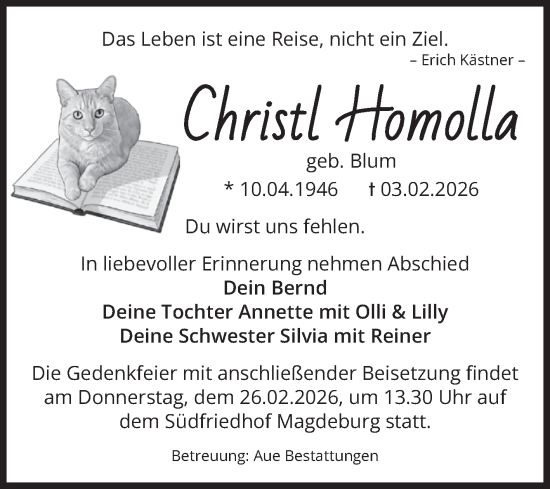 Traueranzeige von Christl Homolla von Volksstimme Magdeburg