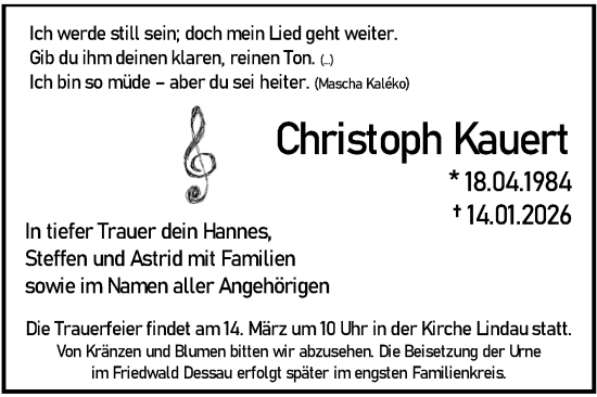 Traueranzeige von Christoph Kauert von Trauerkombi Dessau