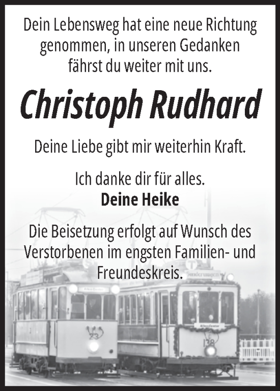 Traueranzeige von Christoph Rudhard von Volksstimme Magdeburg