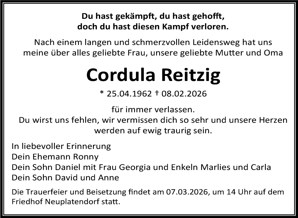  Traueranzeige für Cordula Reitzig vom 28.02.2026 aus Trauerkombi Aschersleben