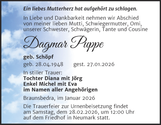 Traueranzeige von Dagmar Puppe von Trauerkombi Merseburg