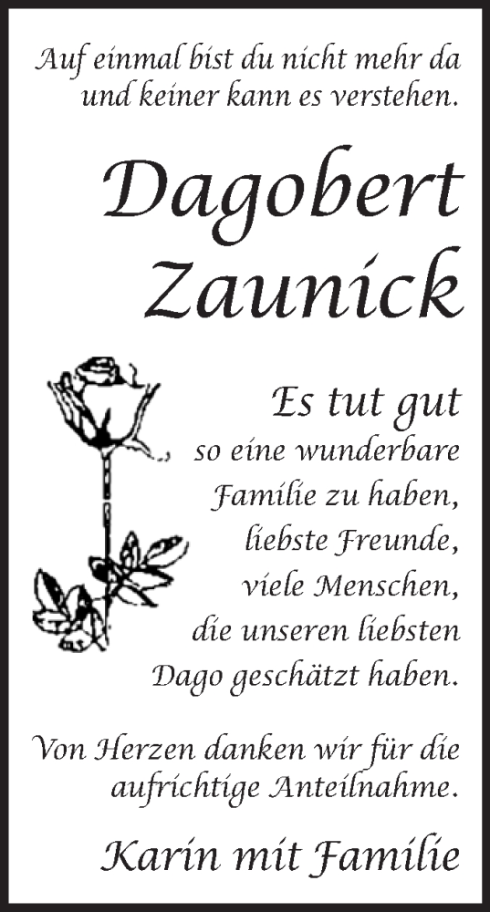 Traueranzeige von Dagobert Zaunick von Volksstimme Altmark West