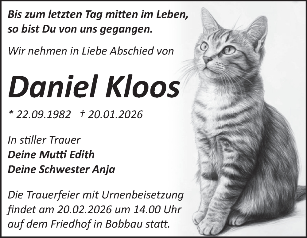  Traueranzeige für Daniel Kloos vom 07.02.2026 aus Trauerkombi Bitterfeld