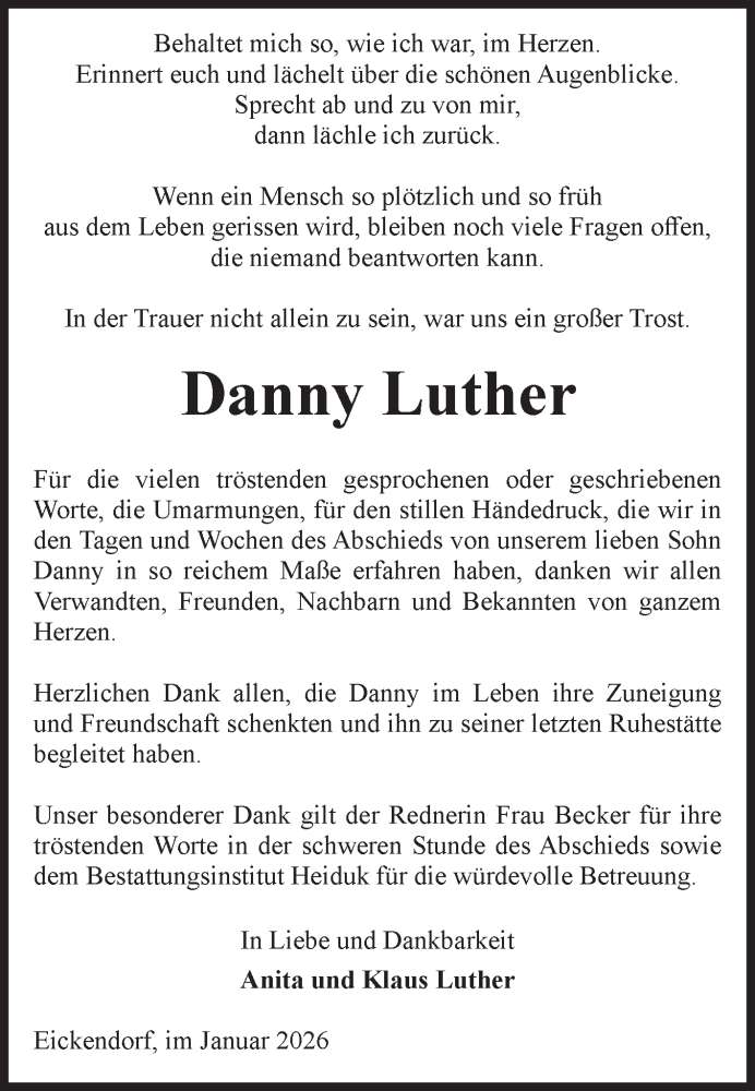  Traueranzeige für Danny Luther vom 14.02.2026 aus Volksstimme Schönebeck