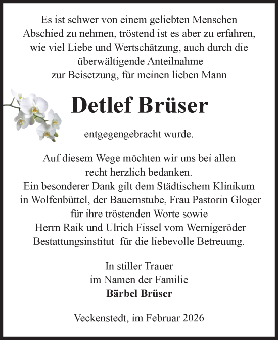 Traueranzeige von Detlef Brüser von Volksstimme Wernigerode