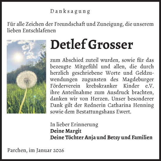 Traueranzeige von Detlef Grosser von Volksstimme Burg/Genthin