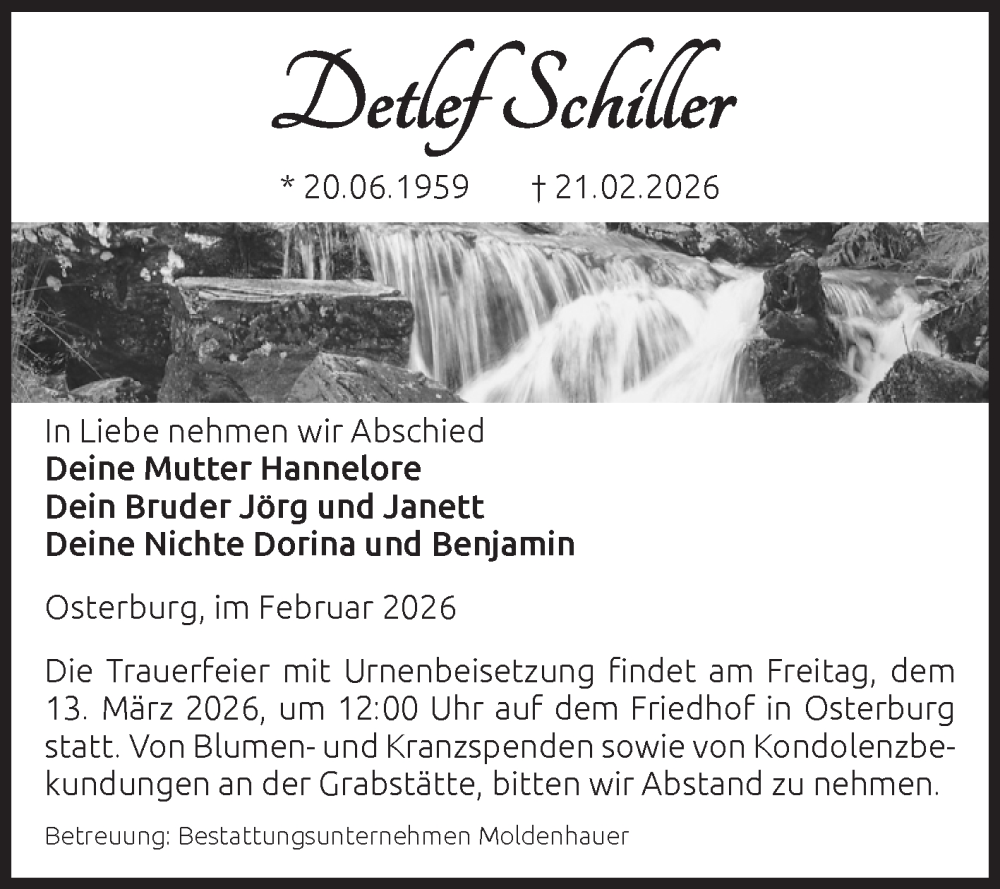  Traueranzeige für Detlef Schiller vom 28.02.2026 aus Volksstimme Altmark Ost