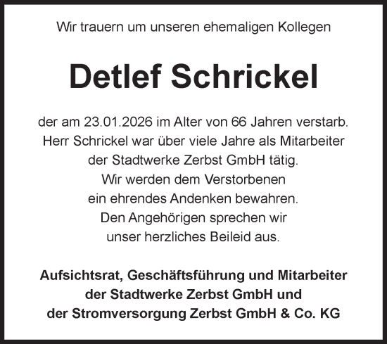 Traueranzeige von Detlef Schrickel von Volksstimme Zerbst