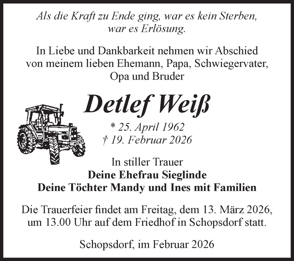  Traueranzeige für Detlef Weiß vom 28.02.2026 aus Volksstimme Burg/Genthin