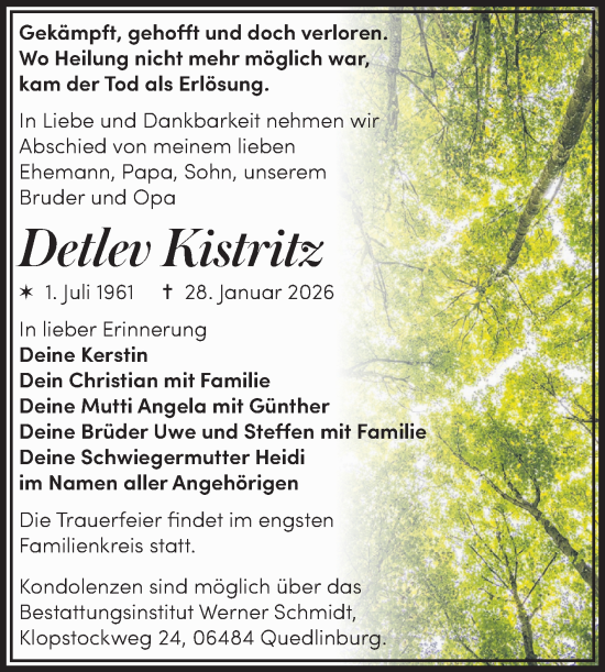 Traueranzeige von Detlev Kistritz von Trauerkombi Quedlinburg