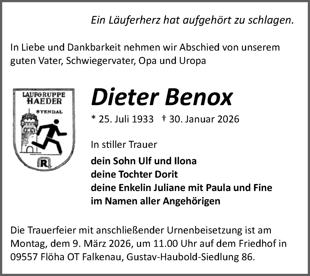  Traueranzeige für Dieter Benox vom 21.02.2026 aus Volksstimme Altmark Ost