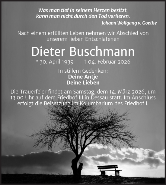 Traueranzeige von Dieter Buschmann von Trauerkombi Dessau