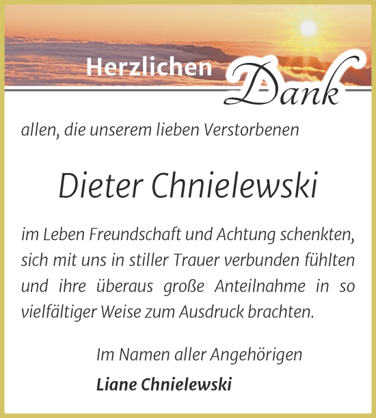 Traueranzeige von Dieter Chnielewski von Trauerkombi Wittenberg