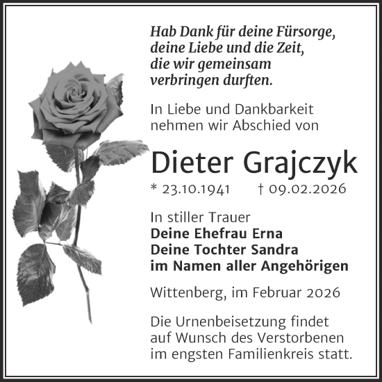 Traueranzeige von Dieter Grajczyk von Trauerkombi Wittenberg