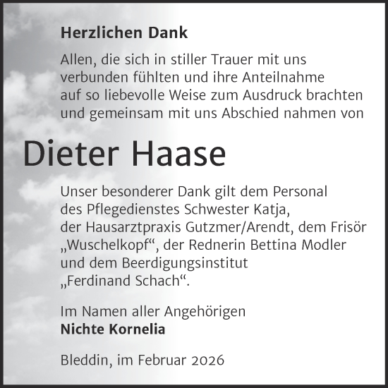 Traueranzeige von Dieter Haase von Trauerkombi Wittenberg