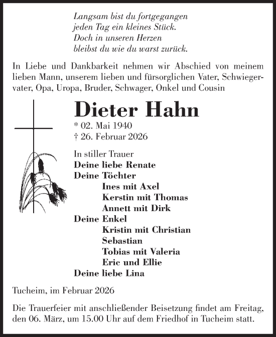 Traueranzeige von Dieter Hahn von Volksstimme Burg/Genthin