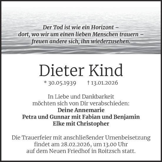 Traueranzeige von Dieter Kind von Trauerkombi Bitterfeld