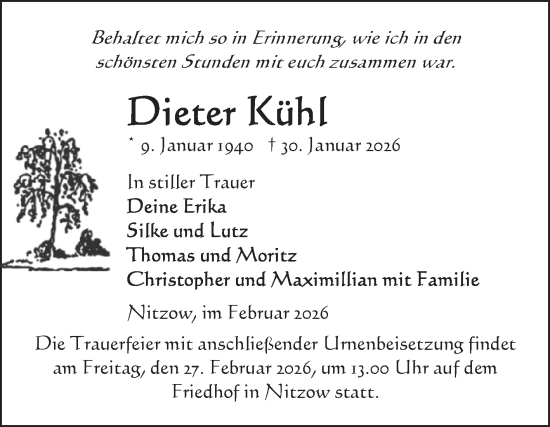 Traueranzeige von Dieter Kühl von Volksstimme Altmark Ost