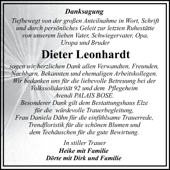 Traueranzeige von Dieter Leonhardt von Trauerkombi Dessau