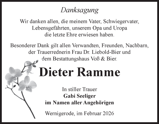Traueranzeige von Dieter Ramme von Volksstimme Wernigerode