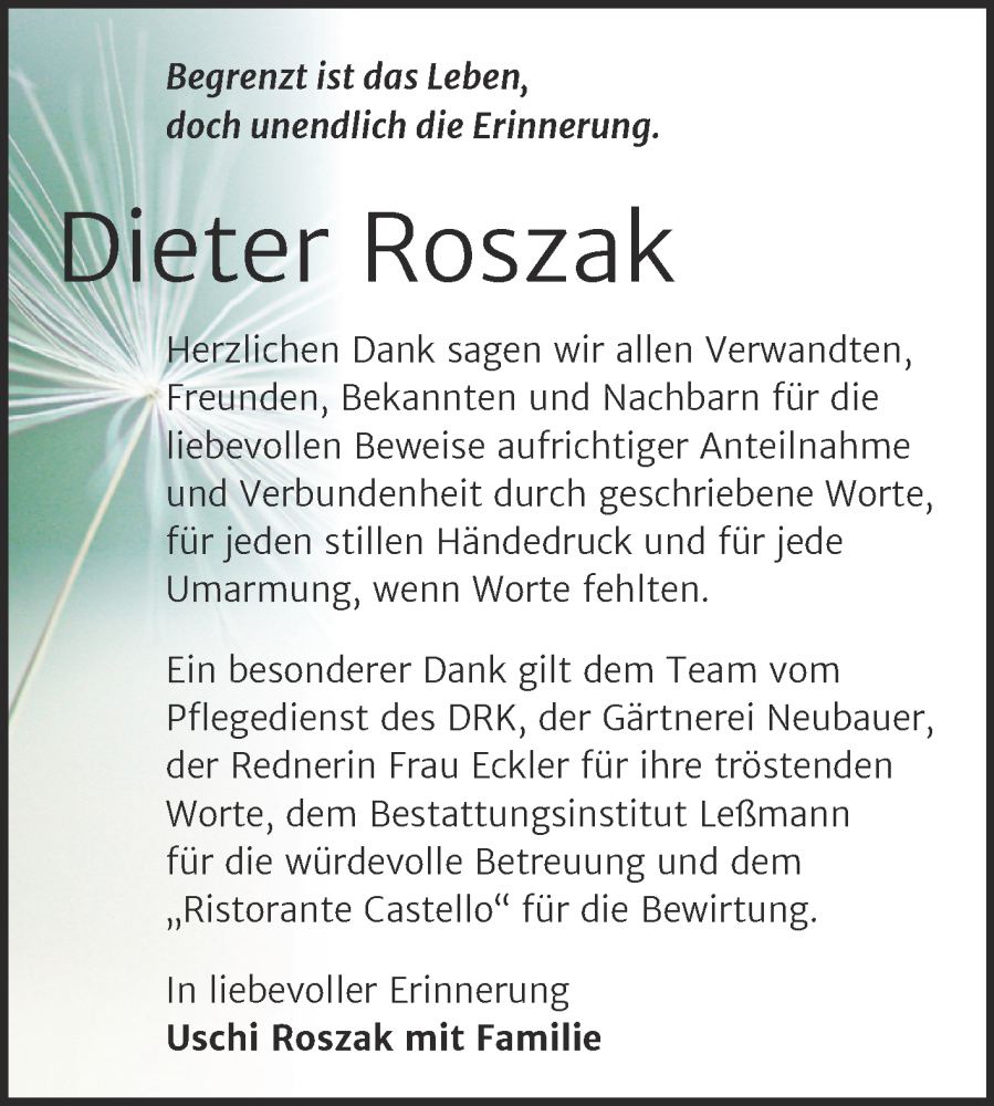  Traueranzeige für Dieter Roszak vom 07.02.2026 aus Trauerkombi Wittenberg