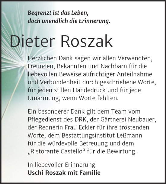 Traueranzeige von Dieter Roszak von Trauerkombi Wittenberg