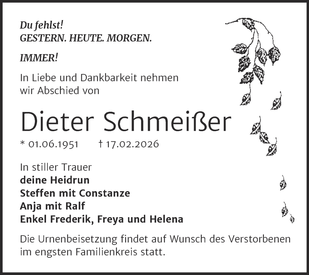  Traueranzeige für Dieter Schmeißer vom 28.02.2026 aus Trauerkombi Zeitz