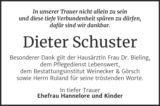 Traueranzeige von Dieter Schuster von Trauerkombi Bernburg