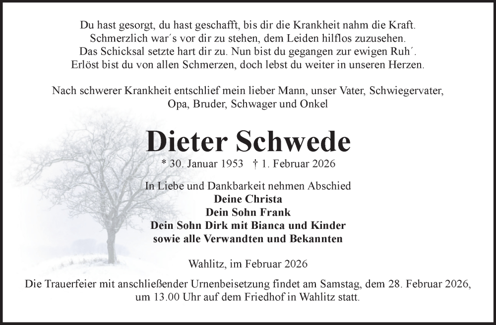  Traueranzeige für Dieter Schwede vom 07.02.2026 aus Volksstimme Burg/Genthin