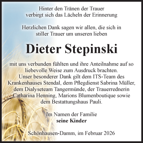 Traueranzeige von Dieter Stepinski von Volksstimme Altmark Ost