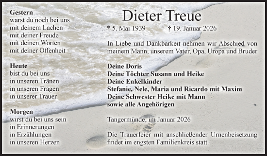 Traueranzeige von Dieter Treue von Volksstimme Altmark Ost