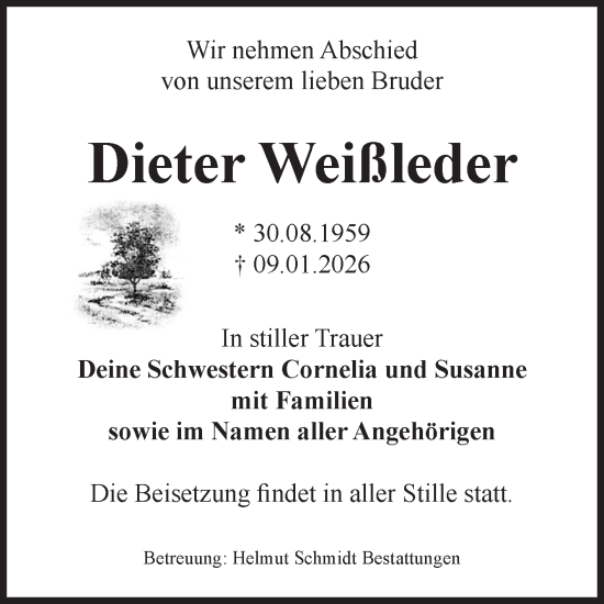 Traueranzeige von Dieter Weißleder von Volksstimme Schönebeck