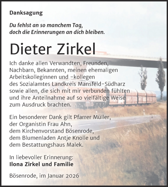 Traueranzeige von Dieter Zirkel von Trauerkombi Sangerhausen