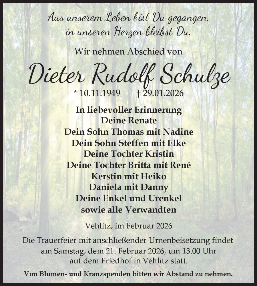 Traueranzeige für Dieter Rudolf Schulze vom 14.02.2026 aus Volksstimme Burg/Genthin